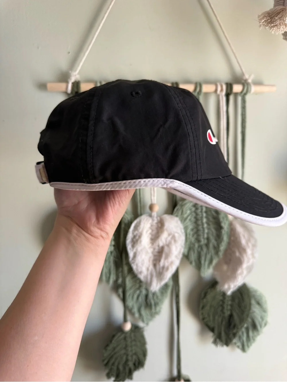 Champion Black Cap with White Piping and Script Logo